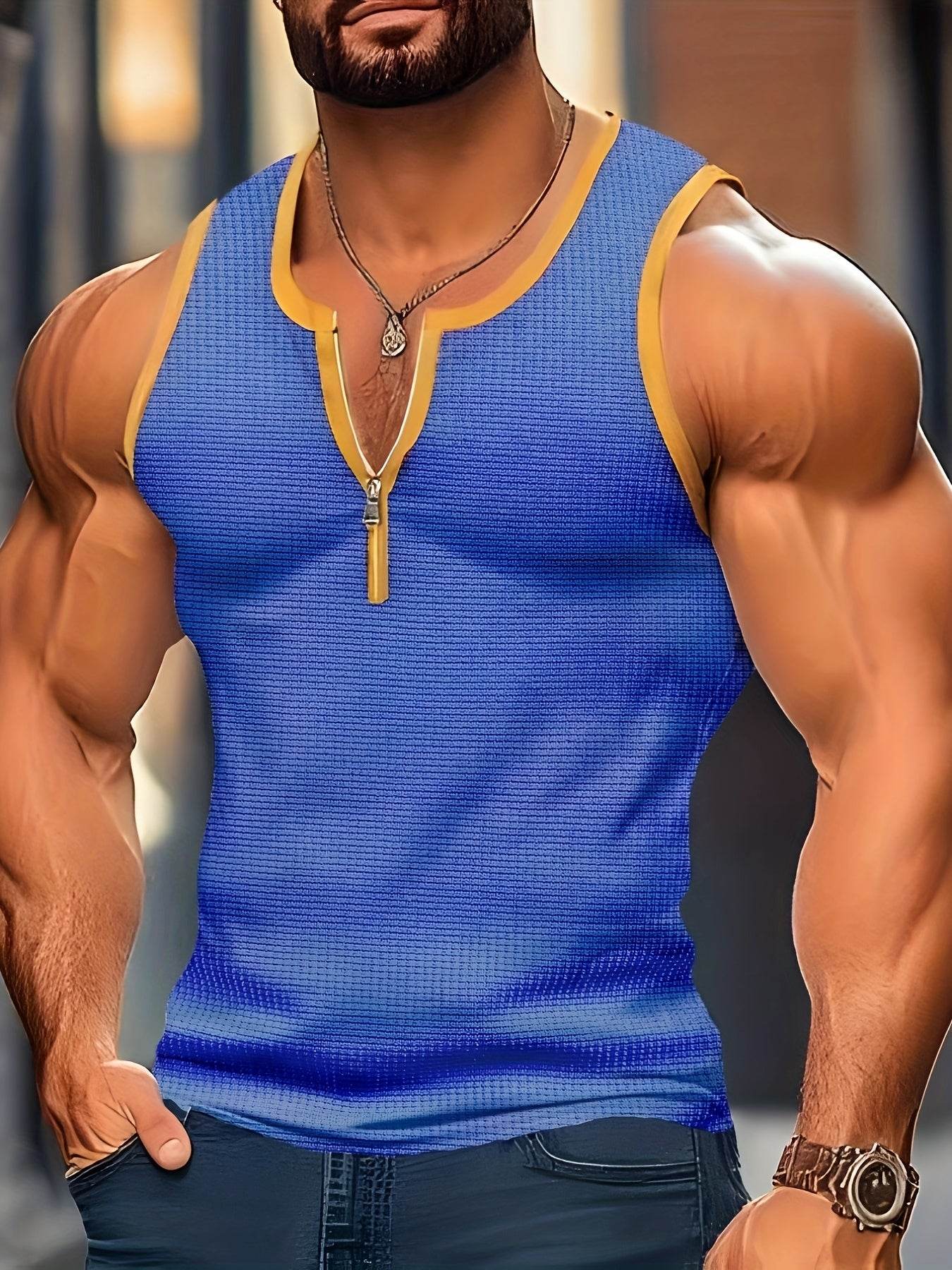 Men's Stylish Color-Blocked Casual Tank Top - Crew Neck, Slim Fit - Buy Center US