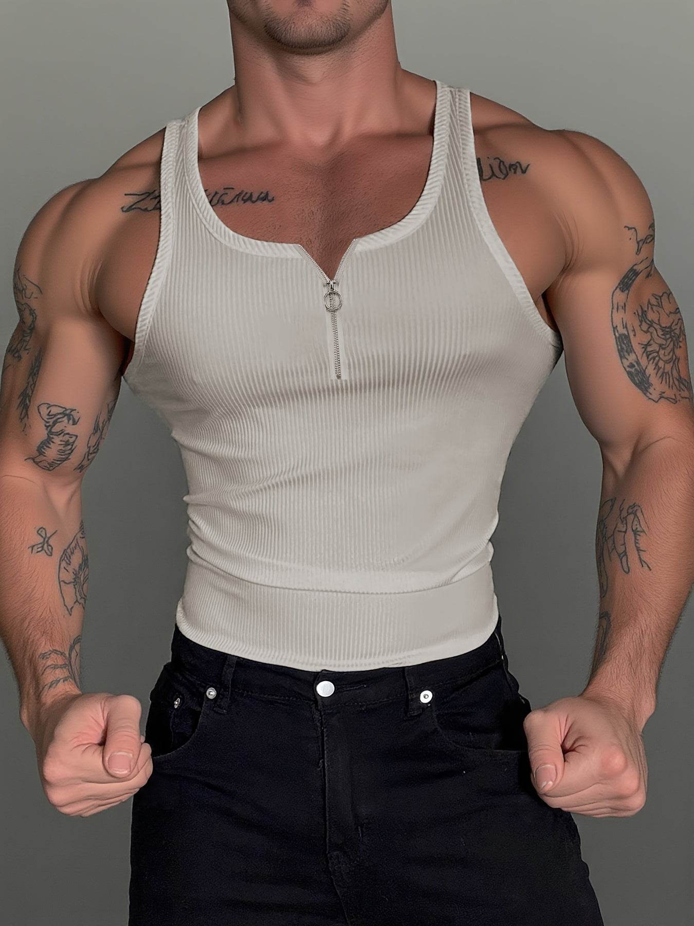 Men's Zip-Up Tank Top - Slim Fit Casual Polyester for All Seasons - Buy Center US