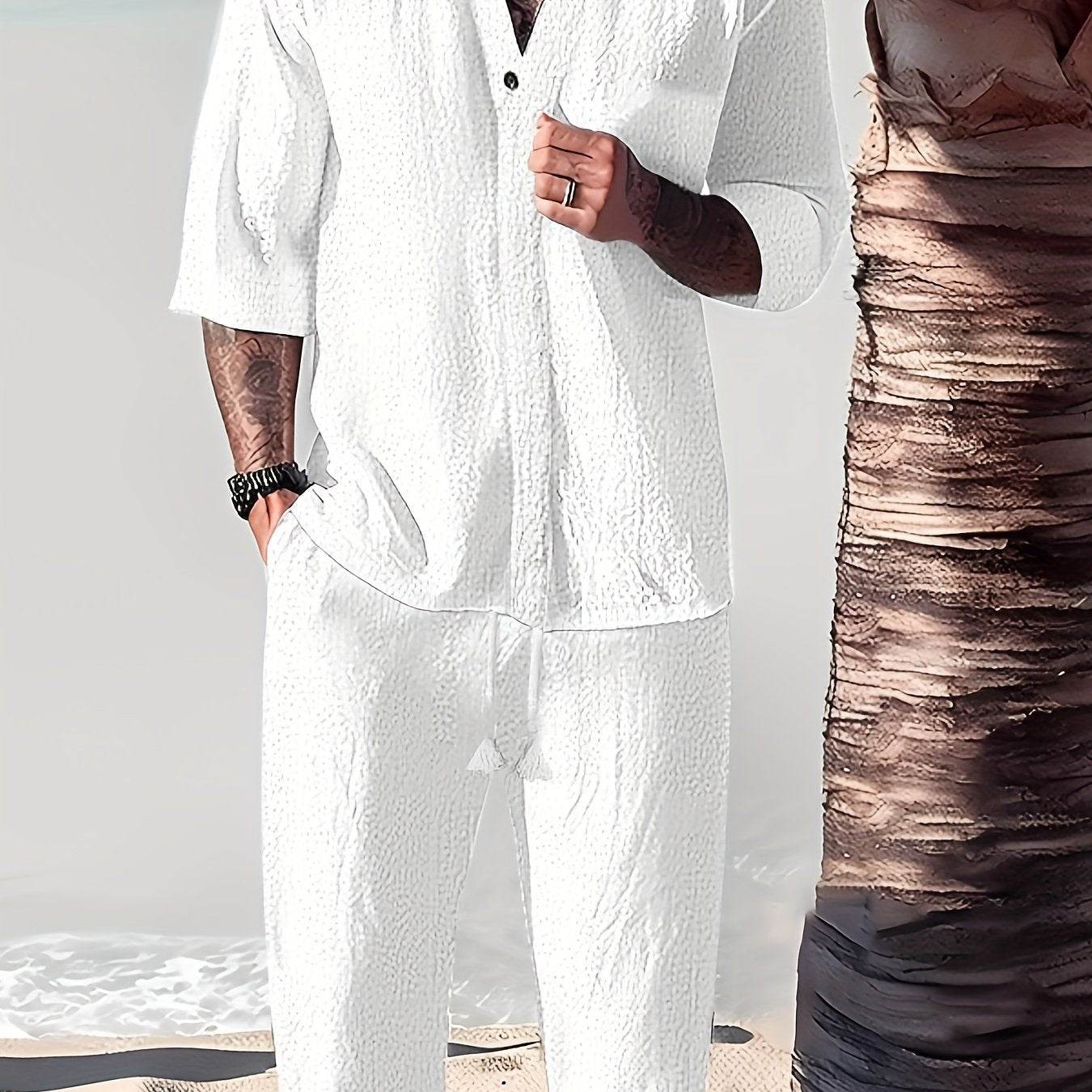 Men's Casual Summer Shirt - Solid Color, Loose Fit with Button Detail - Buy Center US