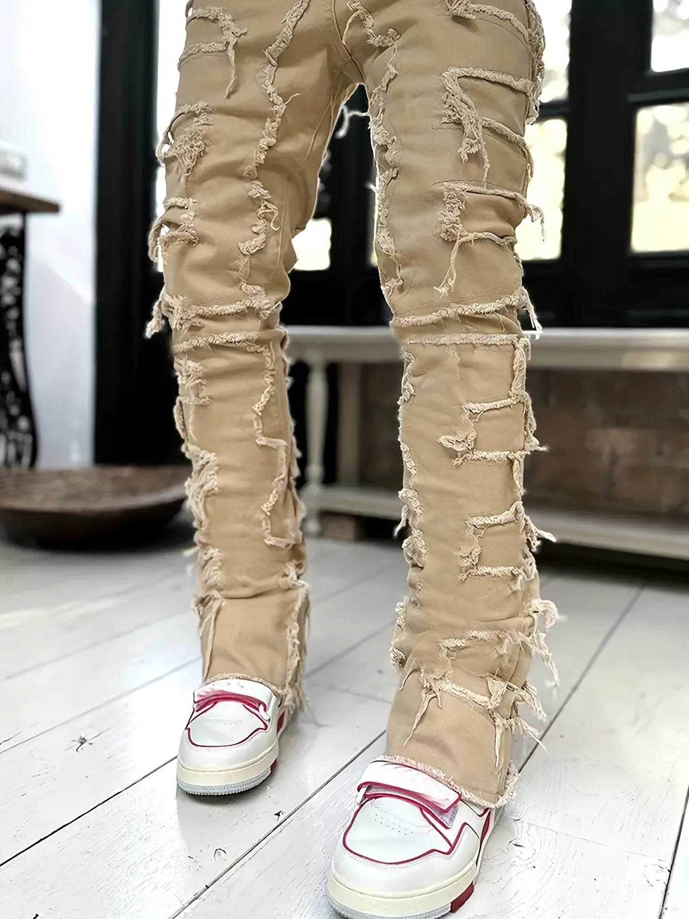 Y2K Hip Hop Style Men's Raw Trim Jeans - Slim Fit Stretch Denim - Buy Center US