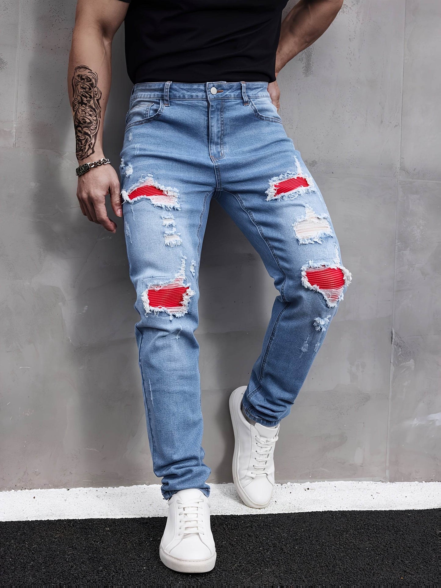 Men's Slim Fit Ripped Jeans - Stretch Denim Casual Streetwear, Blue - Buy Center US