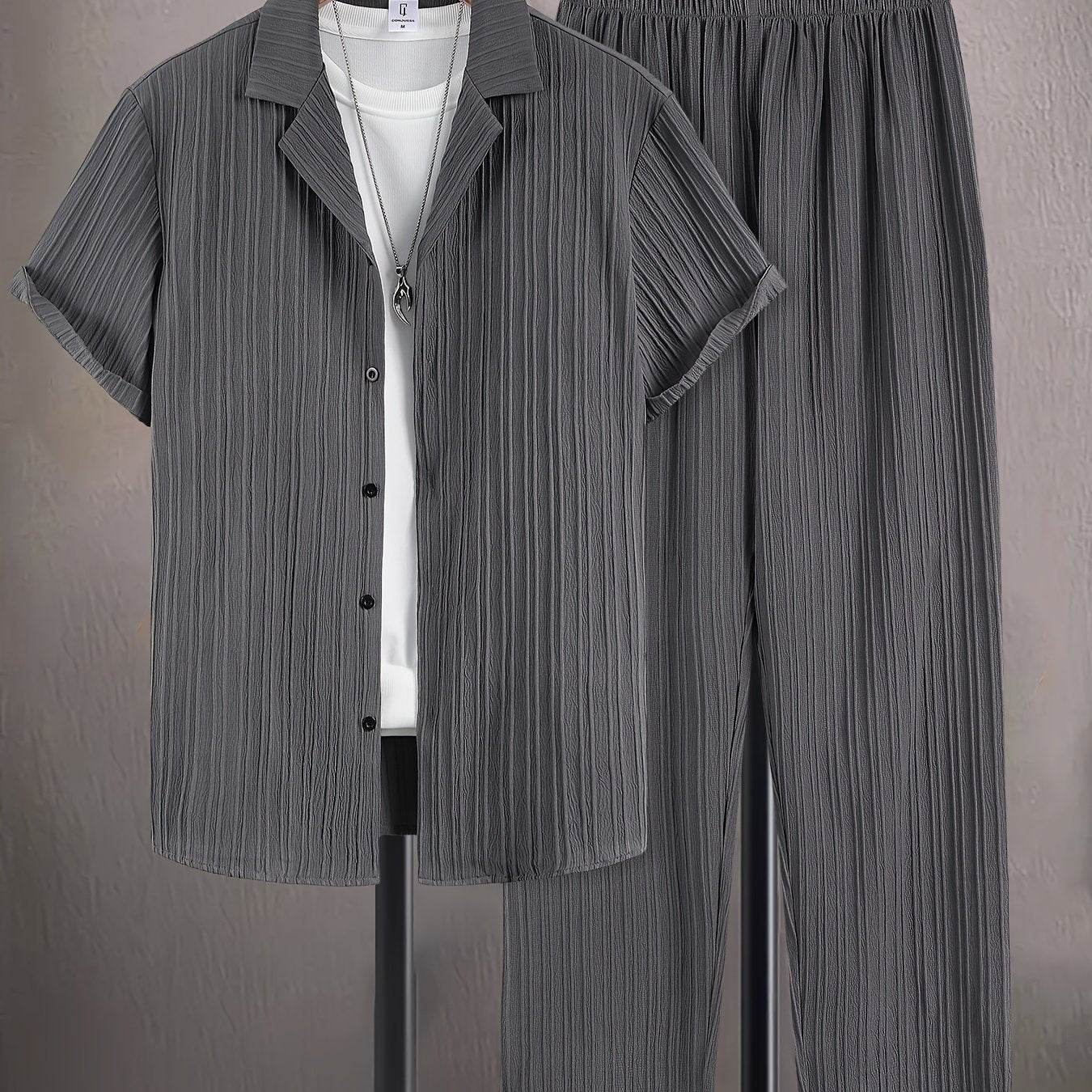 Men's Casual Plaid Suit Set - Short Sleeve Lapel Shirt & Pants - Buy Center US