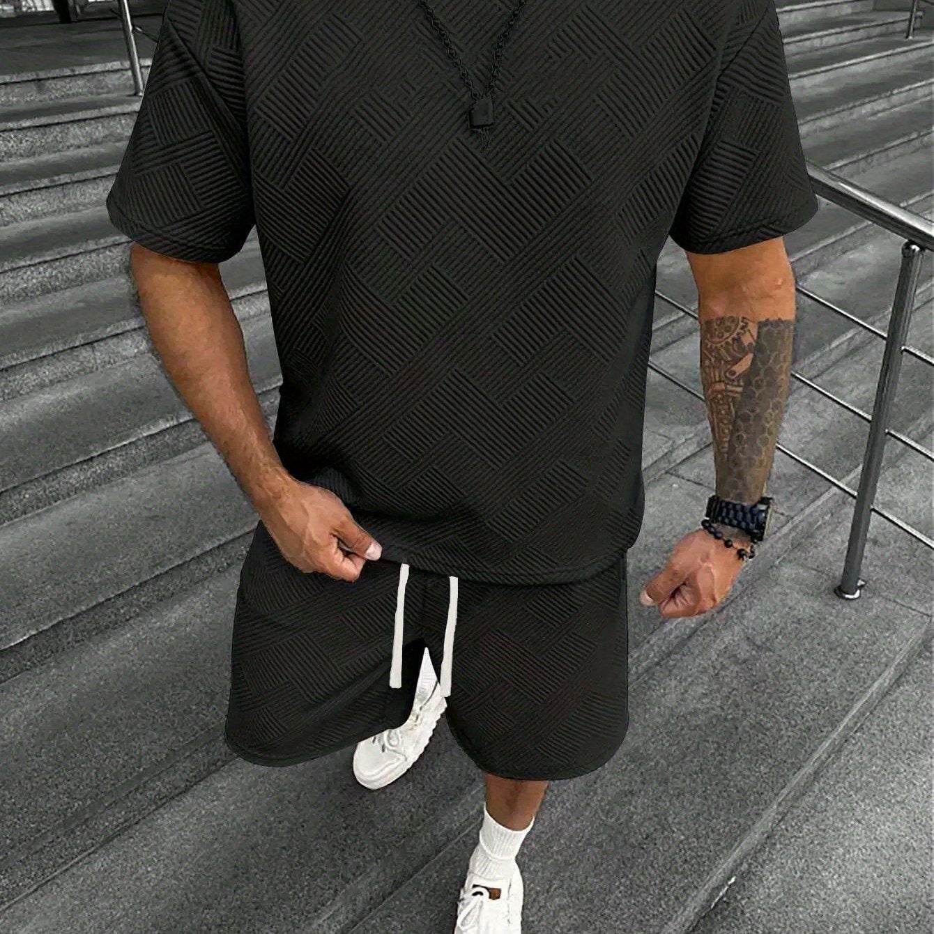 Men's Summer Houndstooth Knitted T-Shirt & Shorts Set - Casual Sports Outfit - Buy Center US