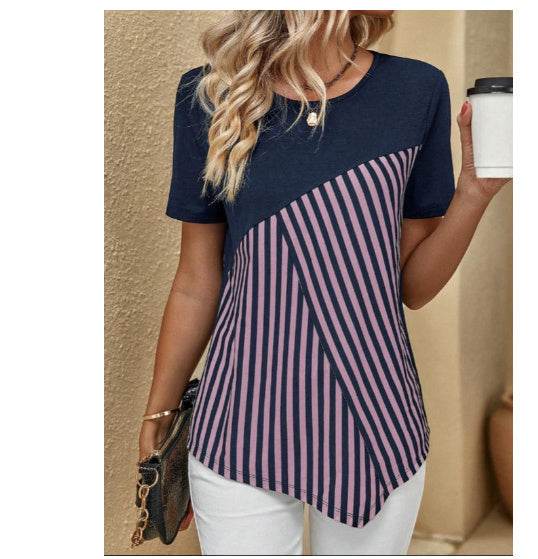 Women's Striped Casual T-Shirt - Color Matching, Short Sleeve Crew Neck - Buy Center US