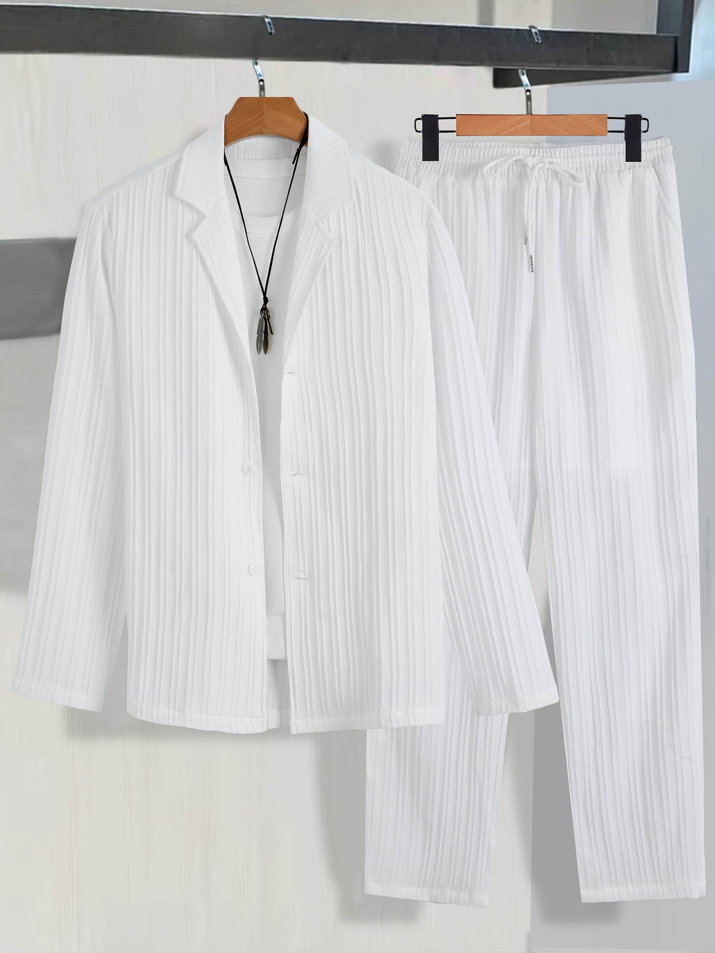 Men's Casual Suit Set - Long Sleeve Shirt & Drawstring Trousers - Buy Center US