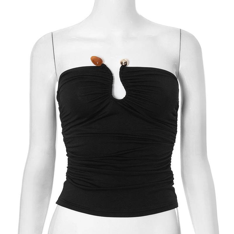 Solid Color Backless Pleated T-shirt - Slim Fit Sleeveless Top - Buy Center US