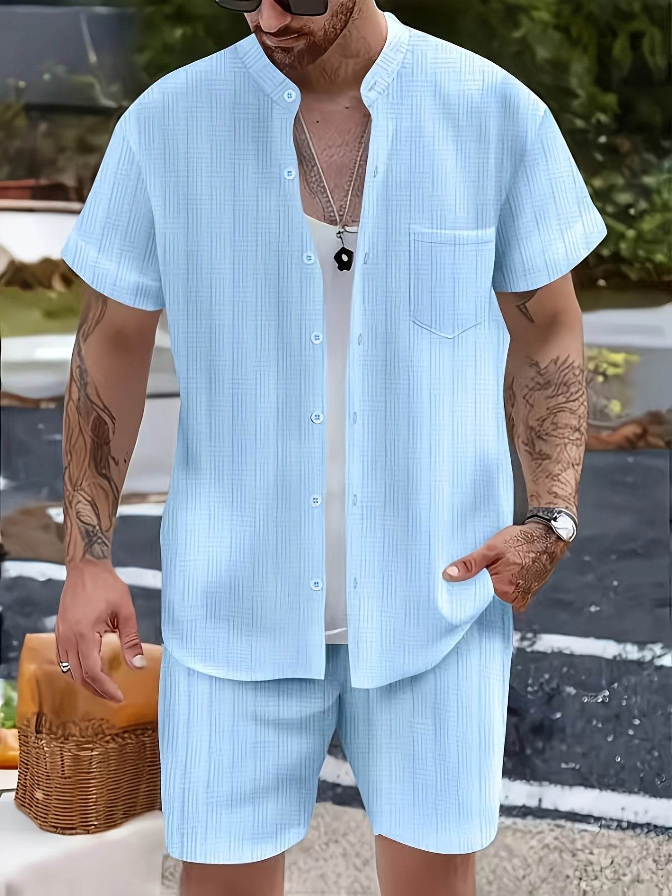 Men's Summer Casual 2-Piece Beach Outfit - Striped Short Sleeve Shirt & Shorts - Buy Center US