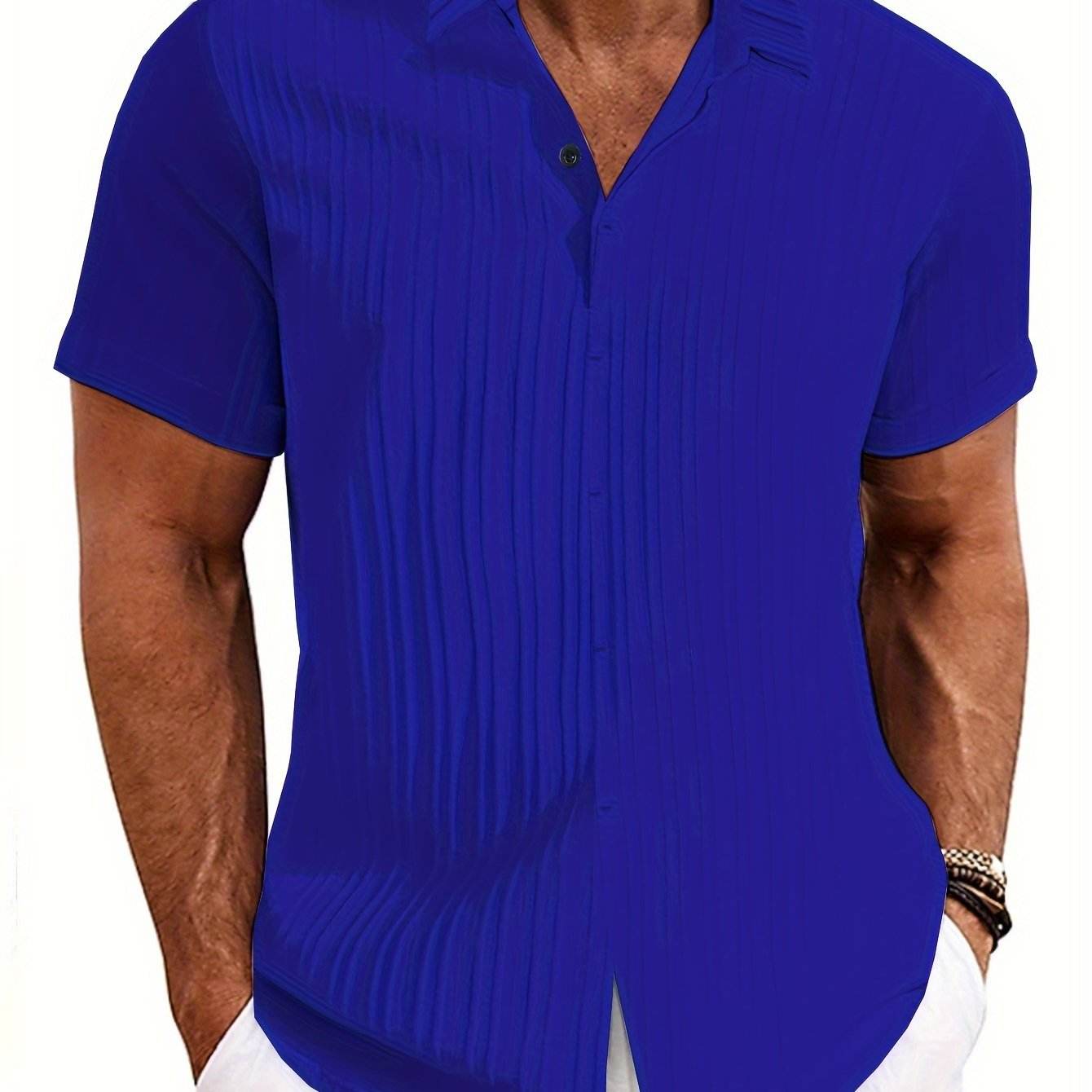Men's Classic Blue Short Sleeve Shirt - Textured Polyester, Easy Care - Buy Center US