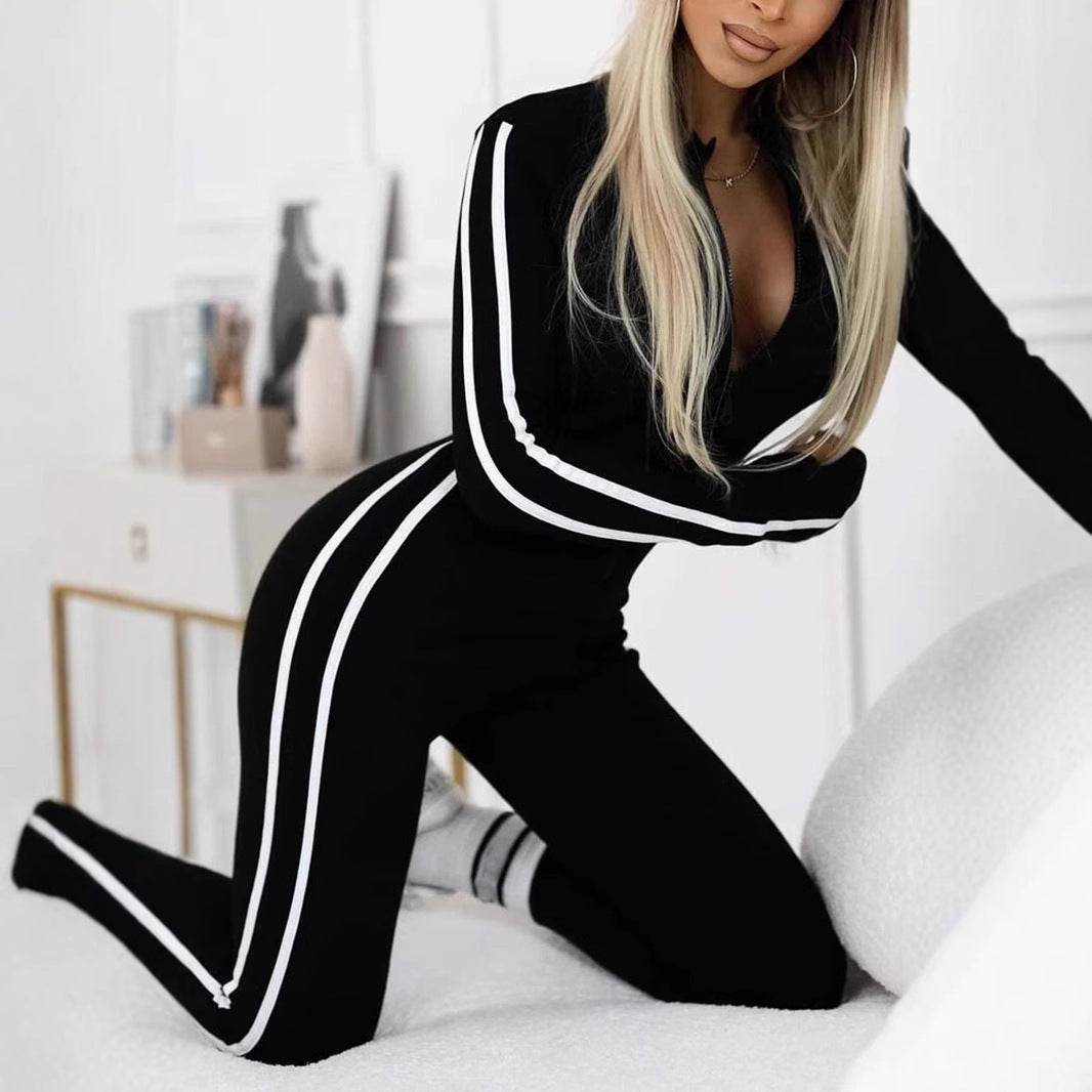 Stylish Women's Slim Striped Jumpsuit - Half Zipper, Autumn Winter Fashion - Buy Center US