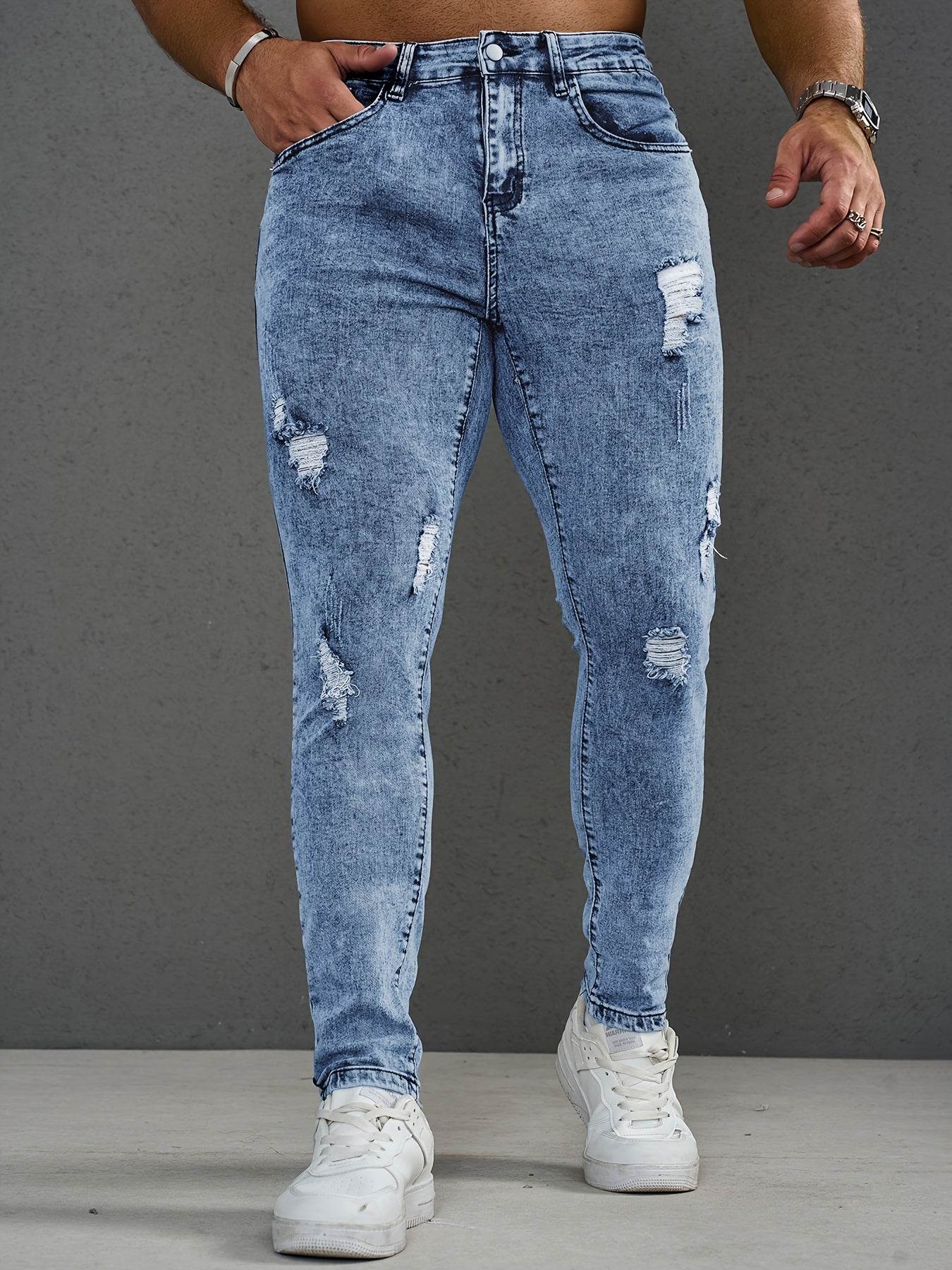 Men’s Slim Fit Distressed Jeans - Stretch Ripped Denim, Light Blue Casual Style - Buy Center US