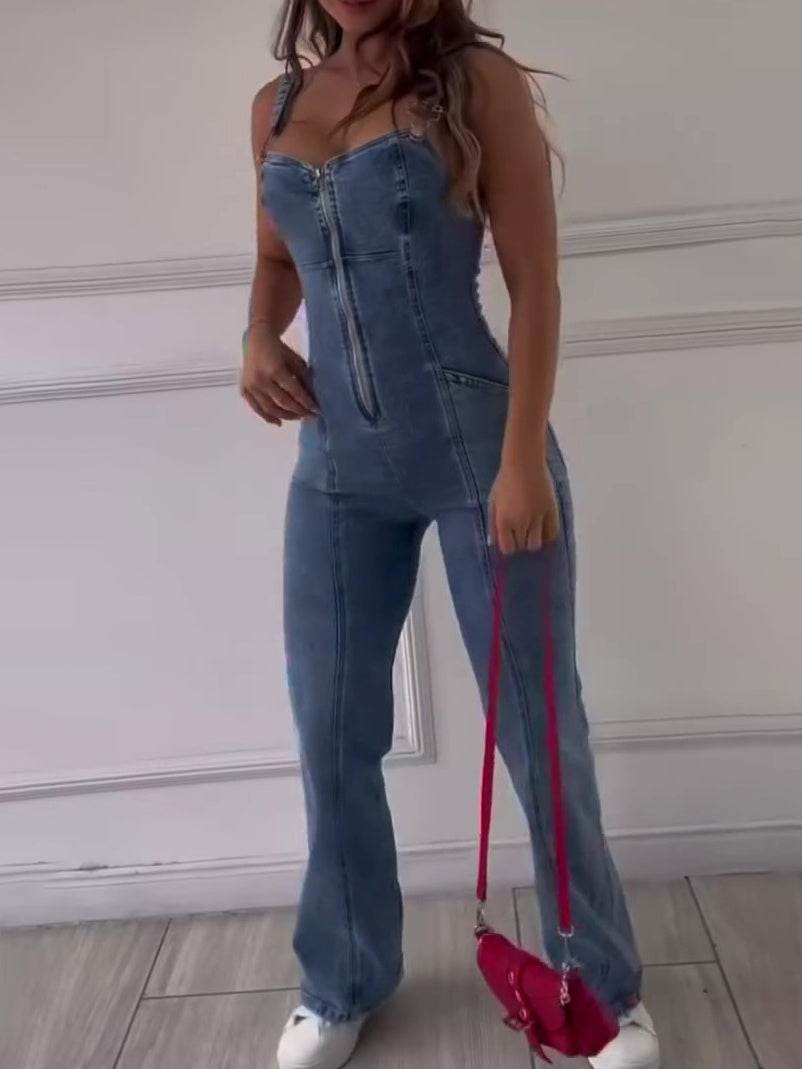 Elegant Sleeveless Denim Jumpsuit with Patchwork Design - Full-Length Fit - Buy Center US