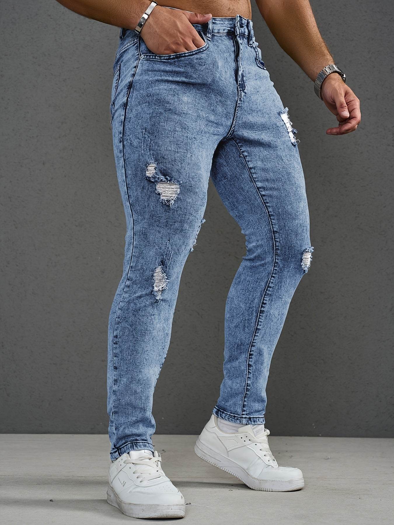 Men’s Slim Fit Distressed Jeans - Stretch Ripped Denim, Light Blue Casual Style - Buy Center US