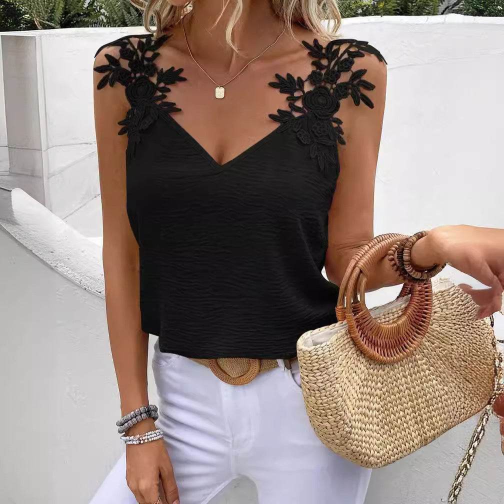 Women's Solid Color V-Neck Sling Top - Casual Patchwork Loose Fit - Buy Center US