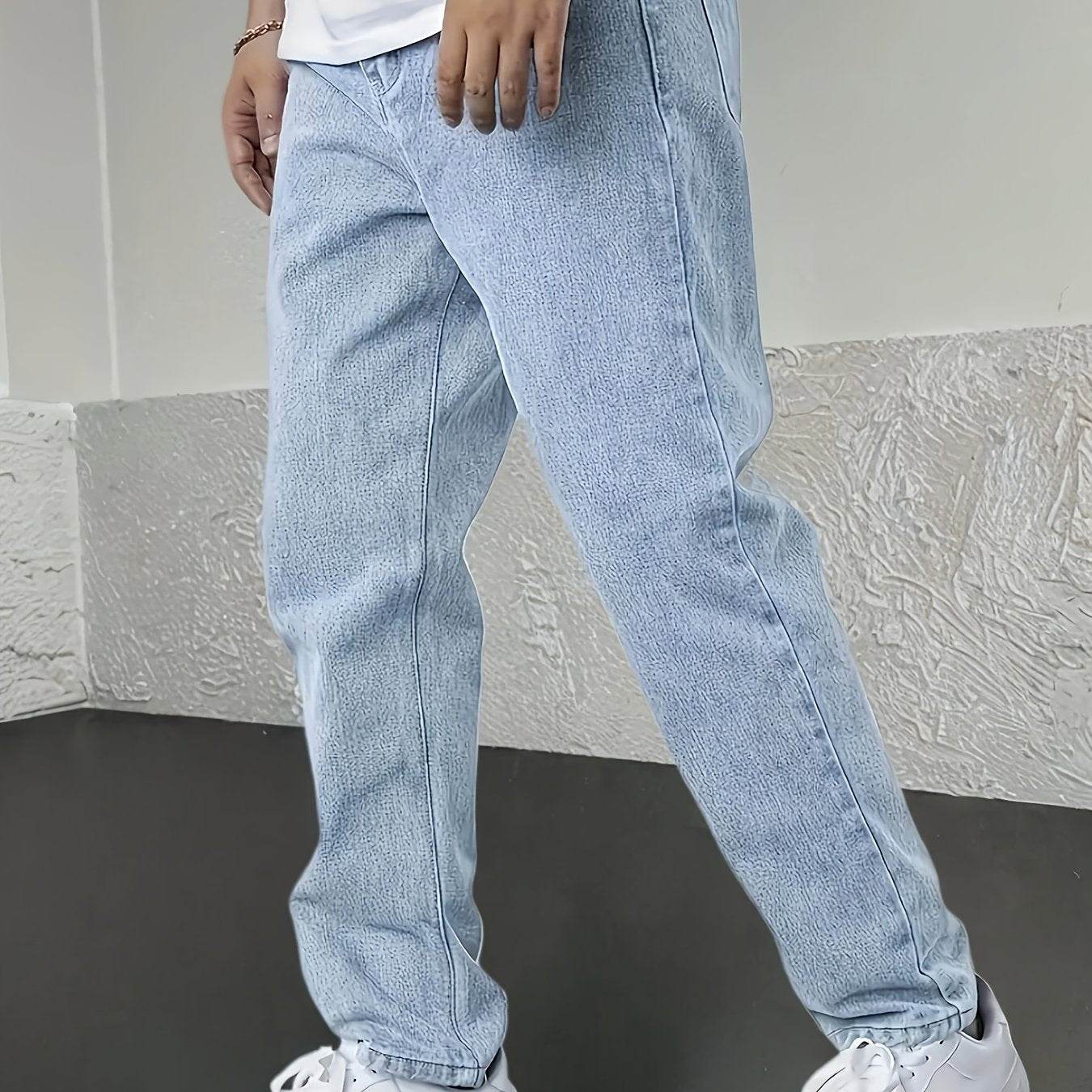 Men's Denim Jeans - Fashionable Light Blue Straight-Leg Style with Pockets - Buy Center US