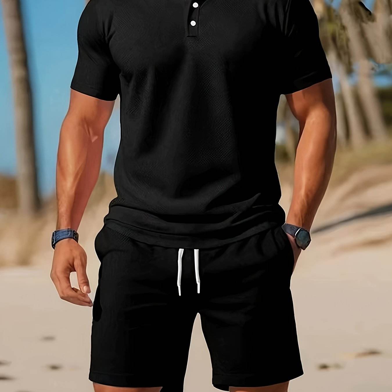 Men’s Black Polo Shirt & Pocket Shorts Set - Casual Stretchy Summer Attire - Buy Center US