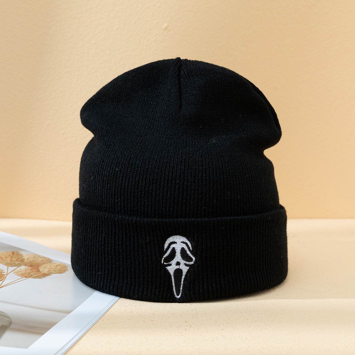 Buycenter Dark Embroidered Ghost Face Knitted Hat - Stylish Winter Accessory - Buy Center US