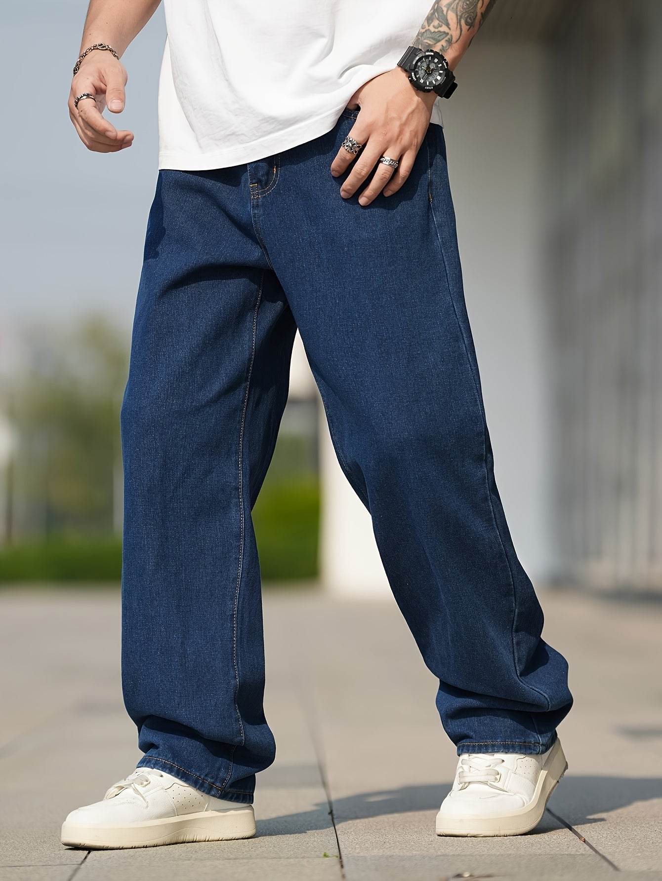 Men's Loose Fit Straight Leg Jeans - Washed Blue, All-Season Comfort - Buy Center US