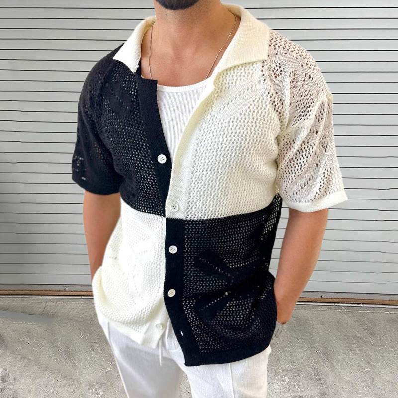 Men's Color Blocking Hollow Knit Sweater - Slim Fit Cardigan for Summer - Buy Center US