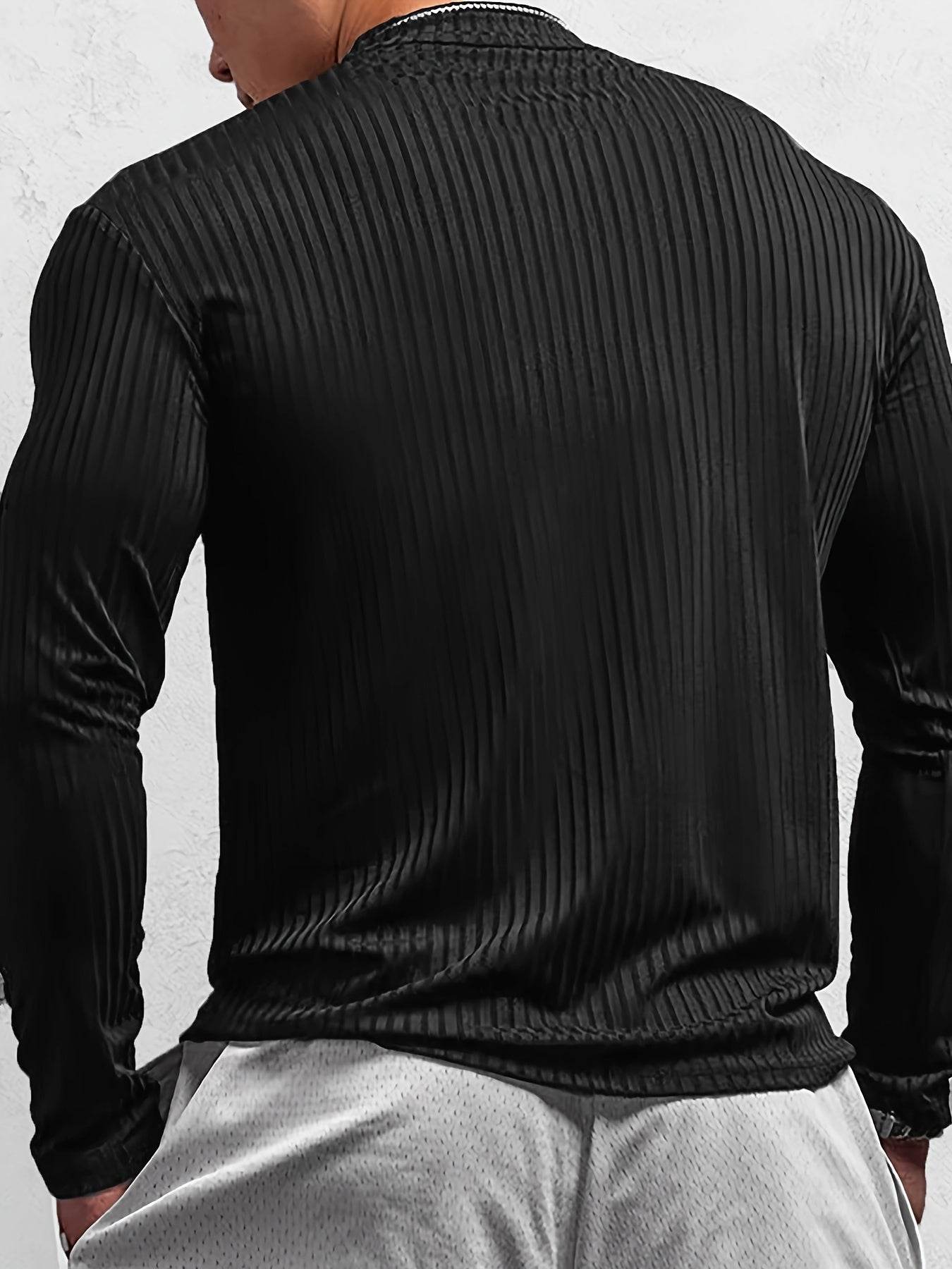 Solid Stripe Knit Turtle Neck T-shirt - Comfy Long Sleeve for Men's Fitness - Buy Center US