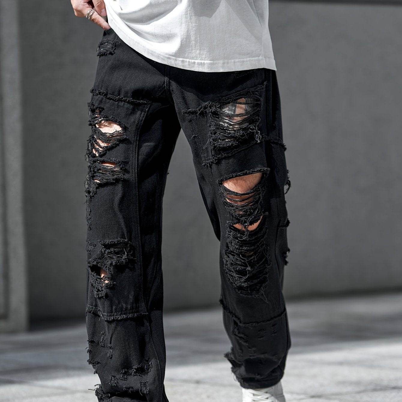 Urban Chic Men's Ripped Jeans - Loose Fit Wide Leg Design for Casual Wear - Buy Center US