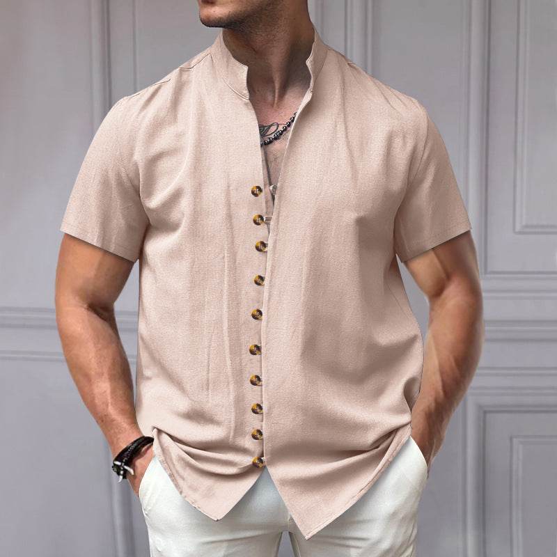 Buycenter Linen Button Stand Collar Shirt - Short Sleeve, Loose Fit - Buy Center US