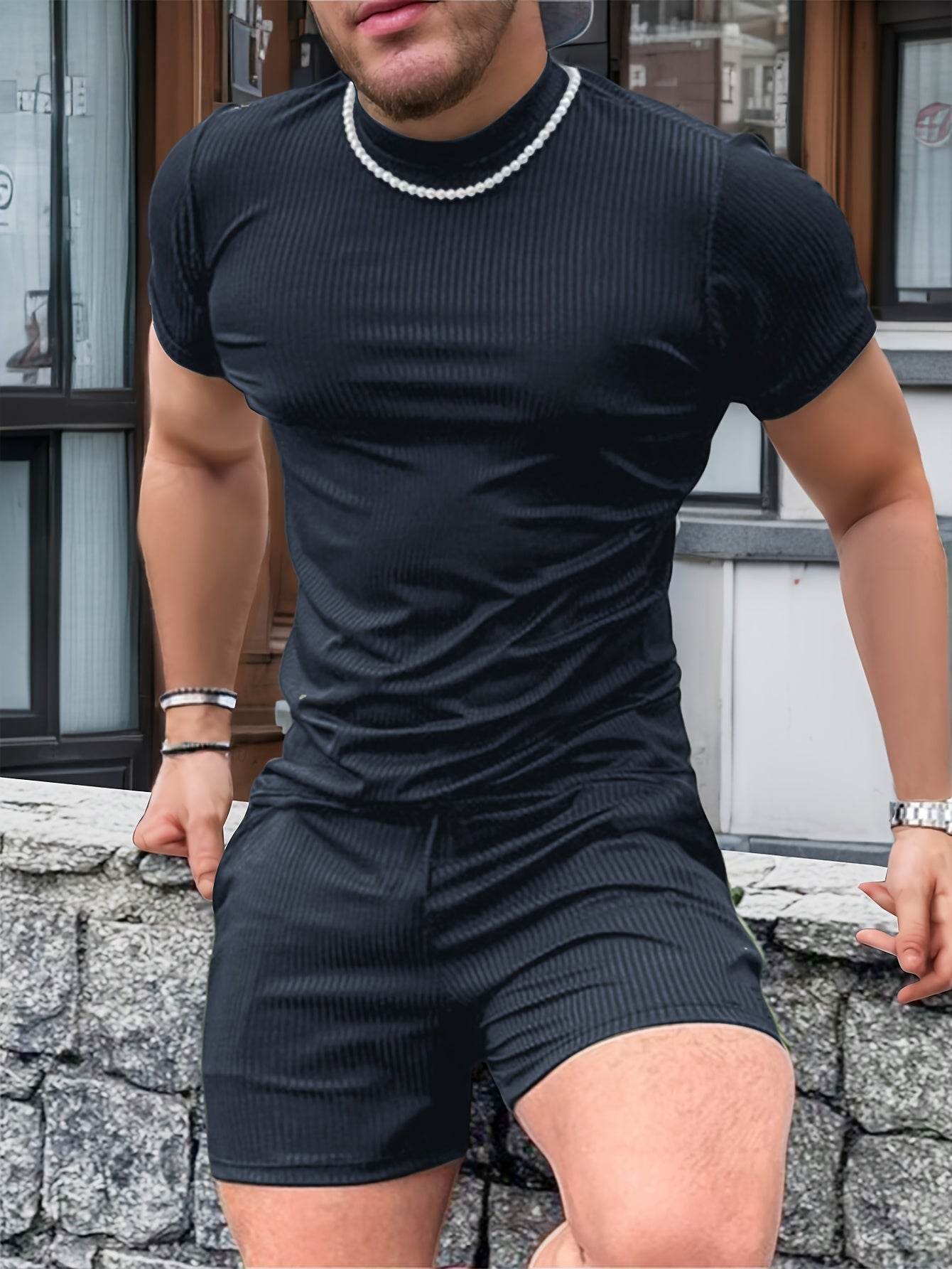 Men's Casual Two-Piece Set - Solid Color Short Sleeve Top & Drawstring Shorts - Buy Center US