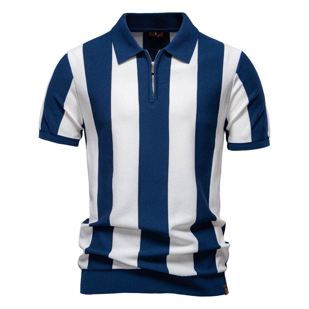 Men’s Short-Sleeved Woolen Polo Shirt - Striped Design in Dark Blue & Khaki - Buy Center US