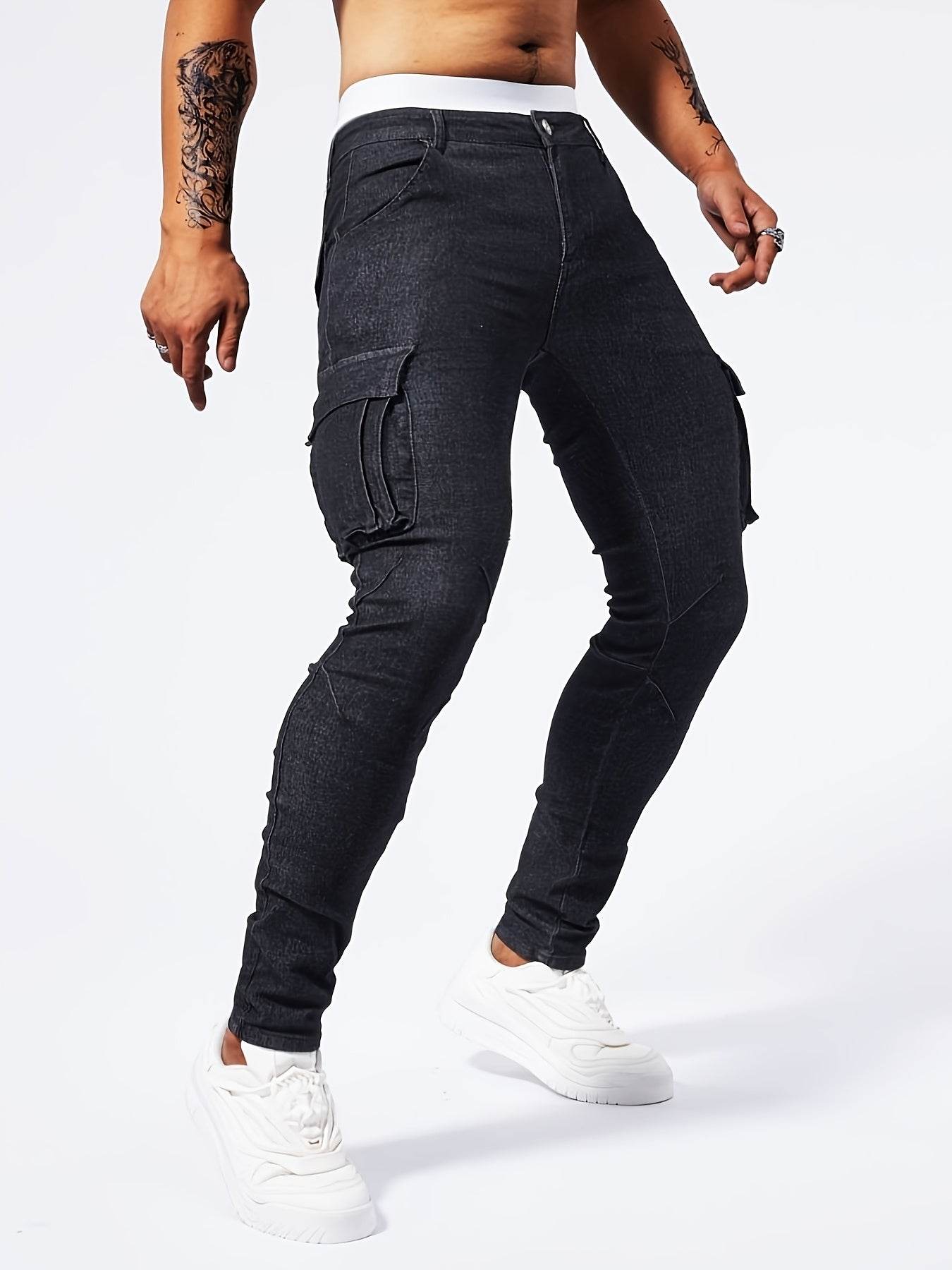 Men's Slim-Fit Denim Cargo Pants - Stretch, Multi-Pocket, Trendy Style - Buy Center US