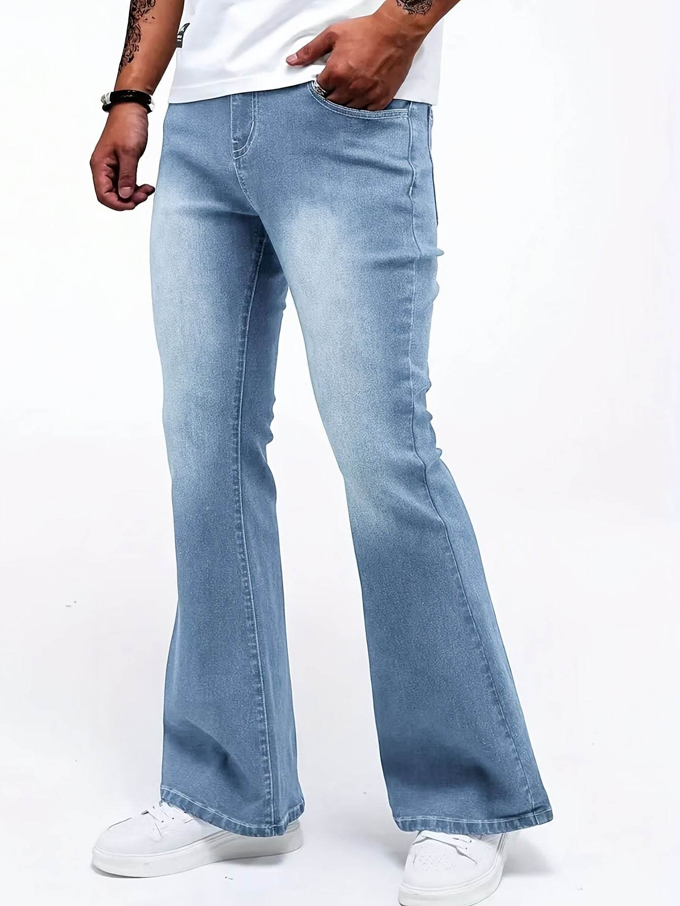 Men's Stretch Denim Flare Jeans - Casual Mid-Rise Comfort Fit Blue - Buy Center US