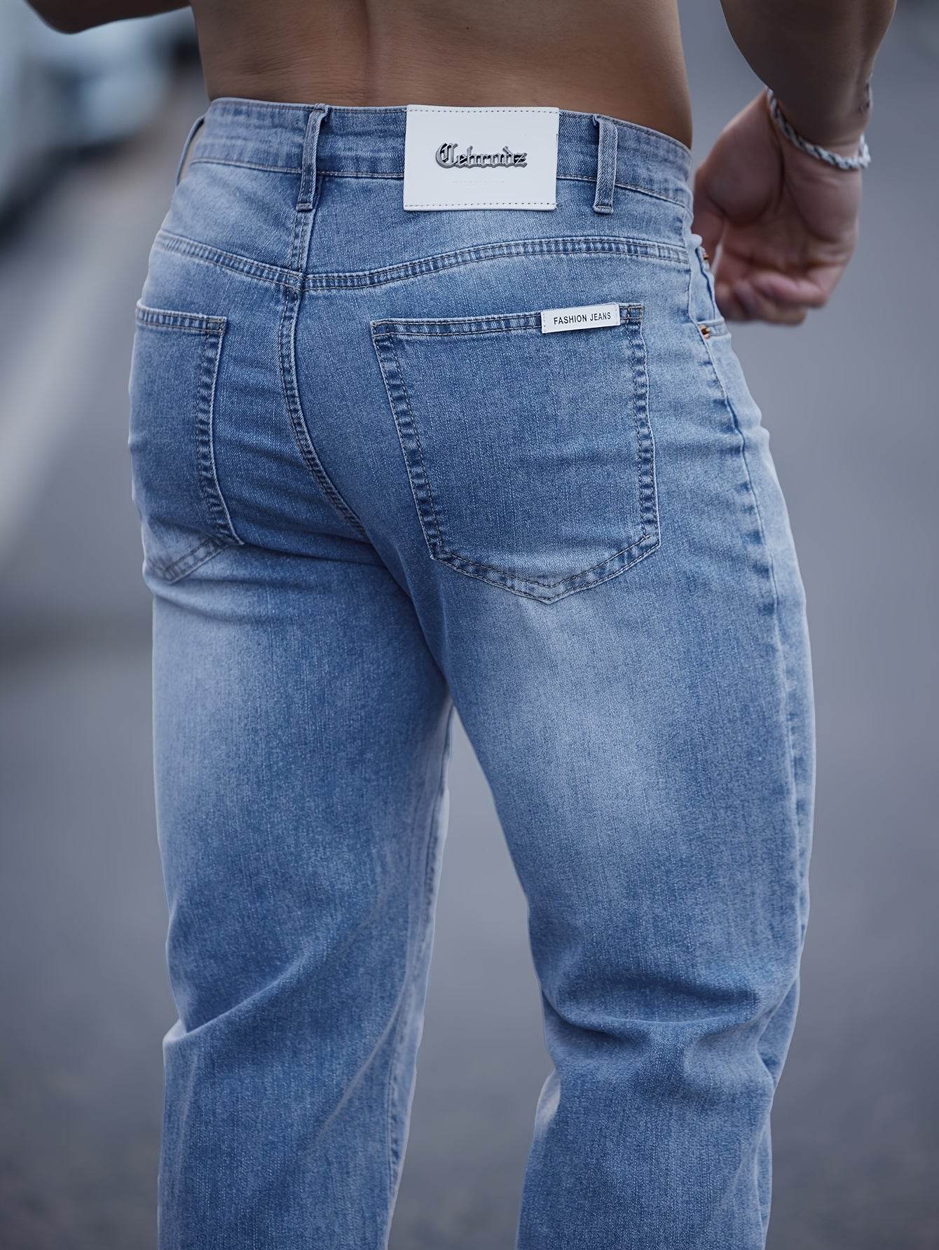 Men's Light Blue Washed Jeans - Embroidered, Relaxed Fit for Casual Style - Buy Center US
