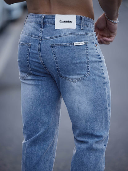 Men's Light Blue Washed Jeans - Embroidered, Relaxed Fit for Casual Style - Buy Center US