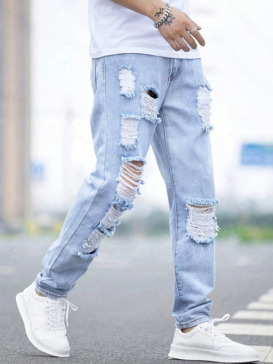 Men's Distressed Denim Jeans - Casual Ripped Light Blue Comfort Fit - Buy Center US
