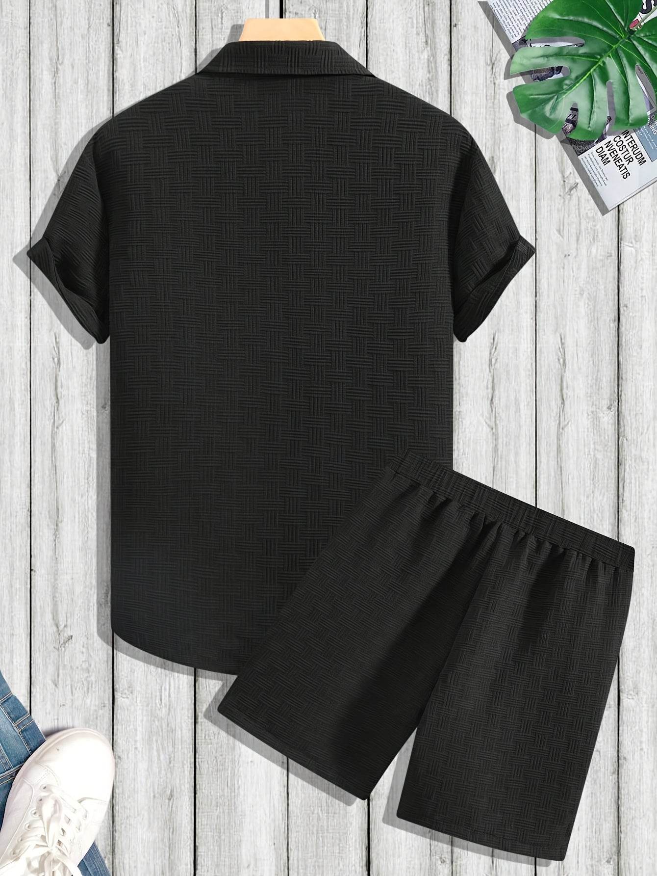 Men's Casual Short-Sleeve Shirt and Shorts Set - Solid Color Outfit - Buy Center US