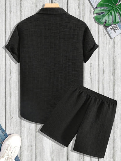 Men's Casual Short-Sleeve Shirt and Shorts Set - Solid Color Outfit - Buy Center US
