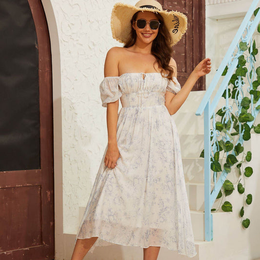 European & American Short Sleeve Mid-Length Dress - Floral Print A-Line - Buy Center US