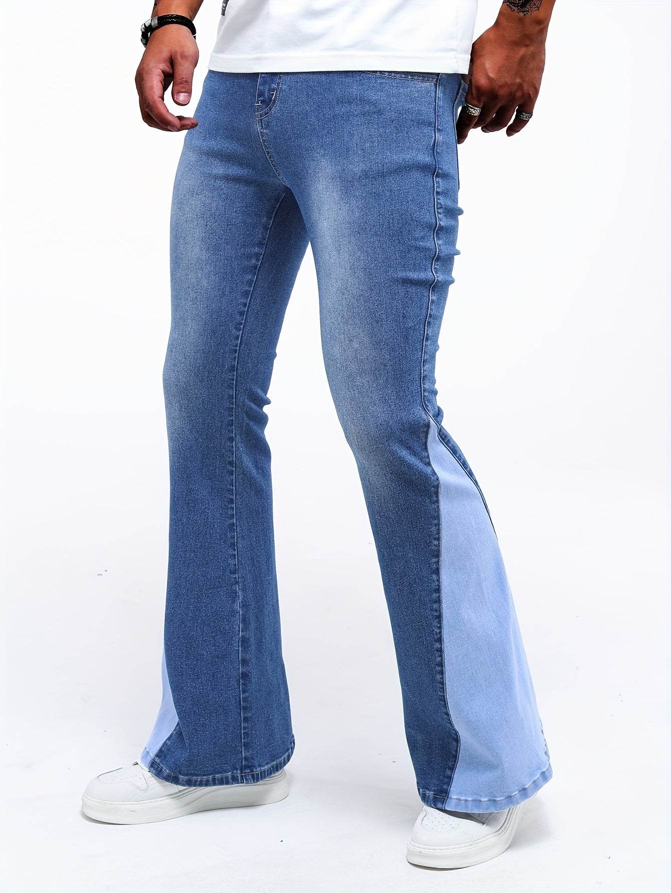 Men's Color Block Denim Pants - Casual Cotton Blend Jeans with Pockets - Buy Center US