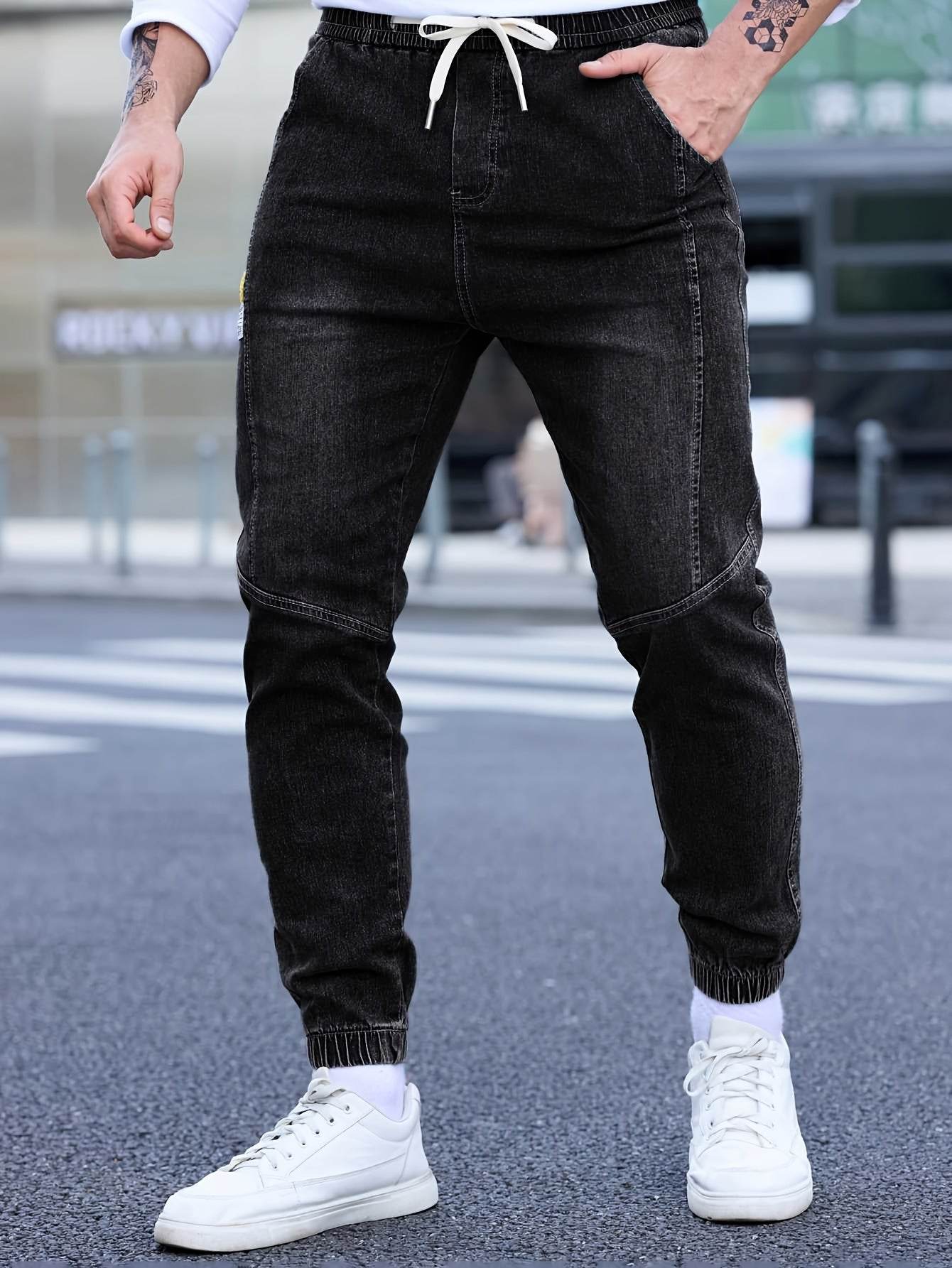 Men's Cropped Denim Pants with Pockets - Casual Drawstring Cotton Blend - Buy Center US