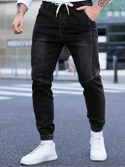 Men's Cropped Denim Pants with Pockets - Casual Drawstring Cotton Blend - Buy Center US