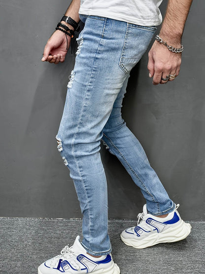 Men's Slim Fit Distressed Jeans - Ripped Stretch Denim, Light Blue - Buy Center US