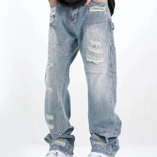 Washed & Frayed Ripped Jeans for Men - Casual Light Blue Retro Style - Buy Center US