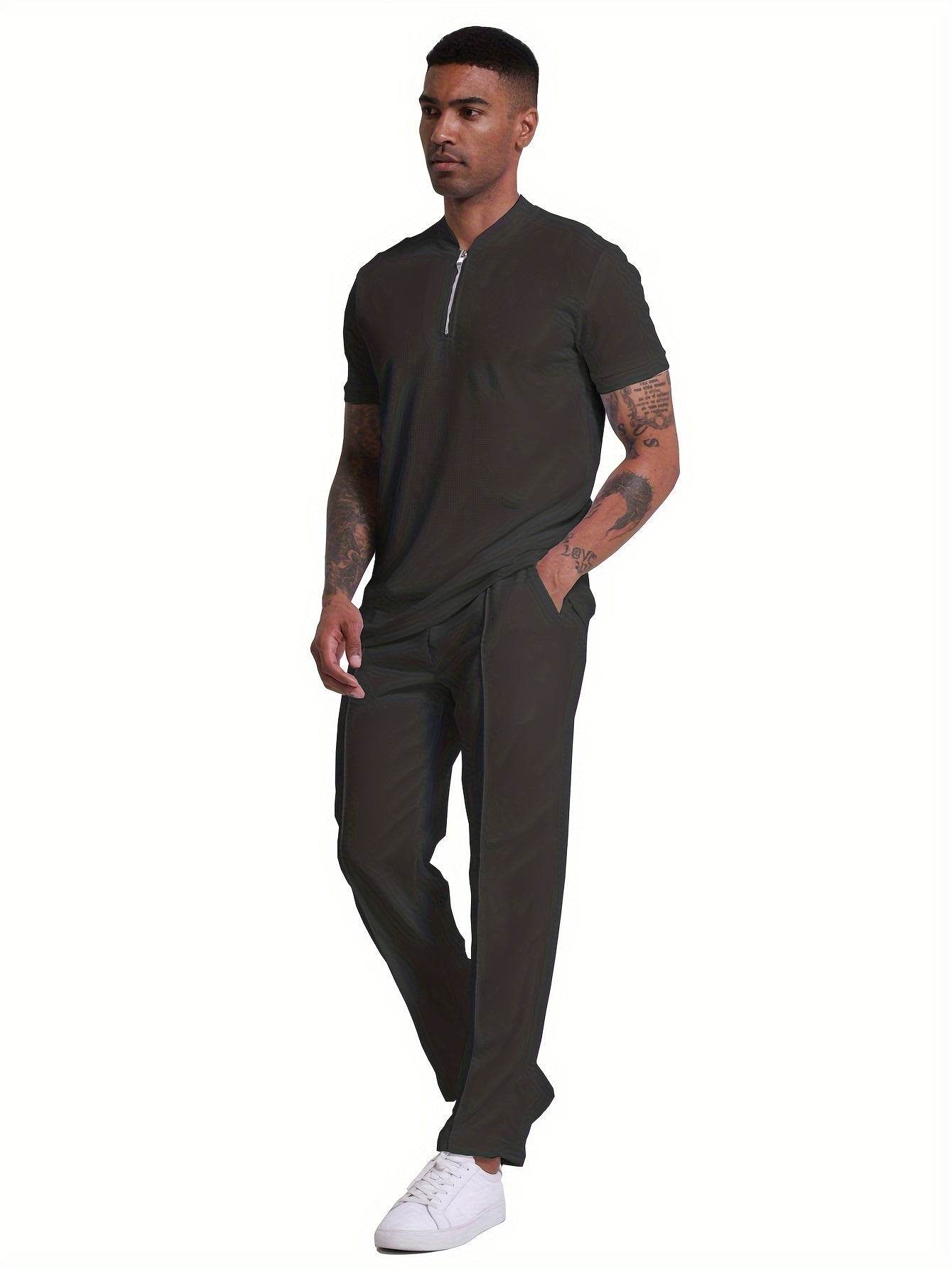 Men's 2-Piece Casual Golf Set - Short Sleeve Henley & Pants, Breathable - Buy Center US