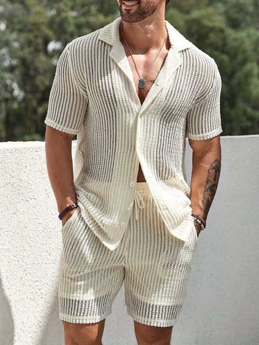 Men's Casual Hollow Short-Sleeved Set - Summer Shirt & Drawstring Shorts - Buy Center US