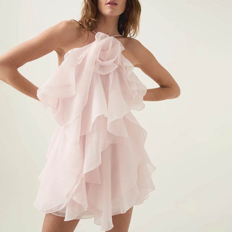 Halter Flower Design Lace-Up Dress - Asymmetric Skirt in Orange, Rose, Pink - Buy Center US