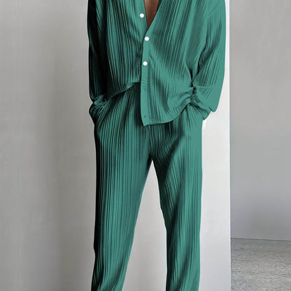 Men's Elegant Striped Button-Up Shirt & Pants Set - V-Neck Beach Attire - Buy Center US
