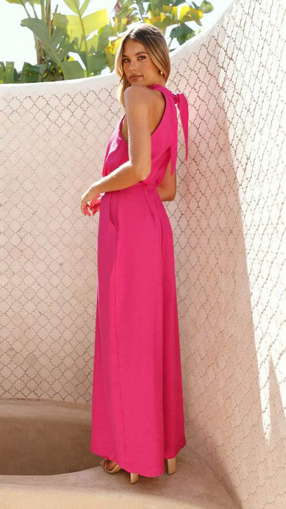 Pure Color Halter Lace-Up Wide-Leg Pants - Loose Fit Jumpsuit for Summer - Buy Center US