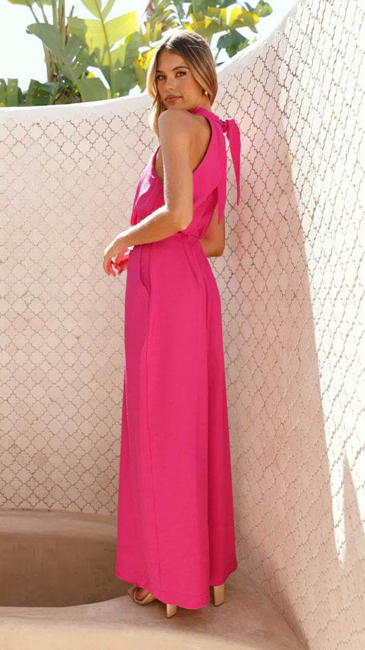 Pure Color Halter Lace-Up Wide-Leg Pants - Loose Fit Jumpsuit for Summer - Buy Center US