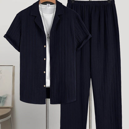 Men's Casual Plaid Suit Set - Short Sleeve Lapel Shirt & Pants - Buy Center US