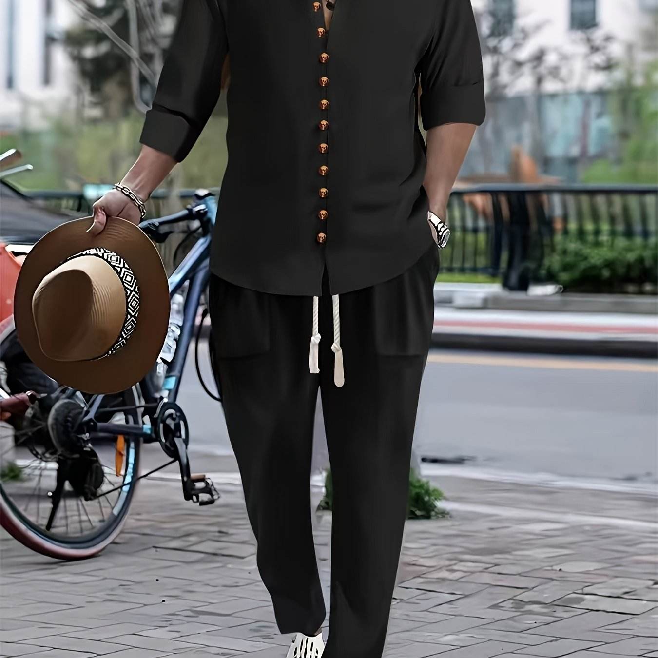 Men's Casual Cotton Linen V-Neck Shirt & Pants Set - Spring/Fall Fashion - Buy Center US