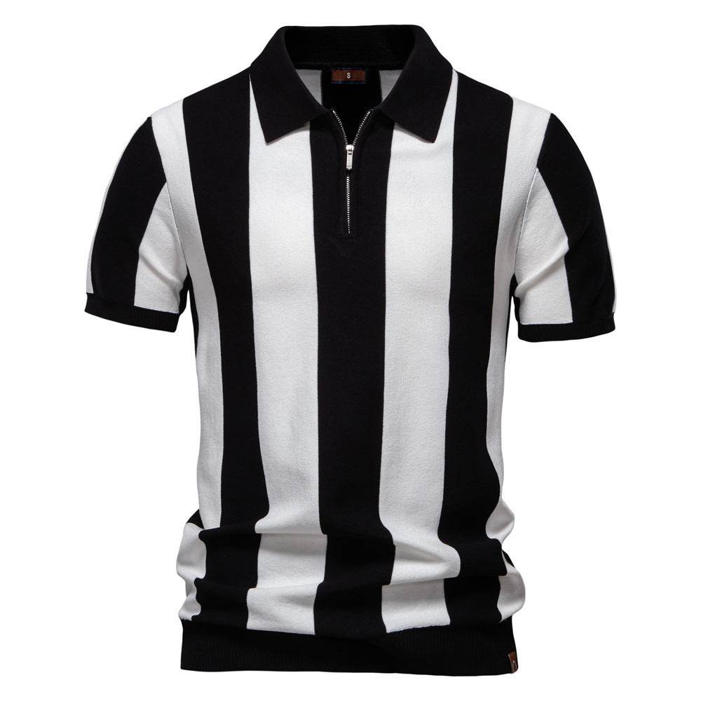 Men’s Short-Sleeved Woolen Polo Shirt - Striped Design in Dark Blue & Khaki - Buy Center US