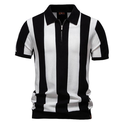 Men’s Short-Sleeved Woolen Polo Shirt - Striped Design in Dark Blue & Khaki - Buy Center US